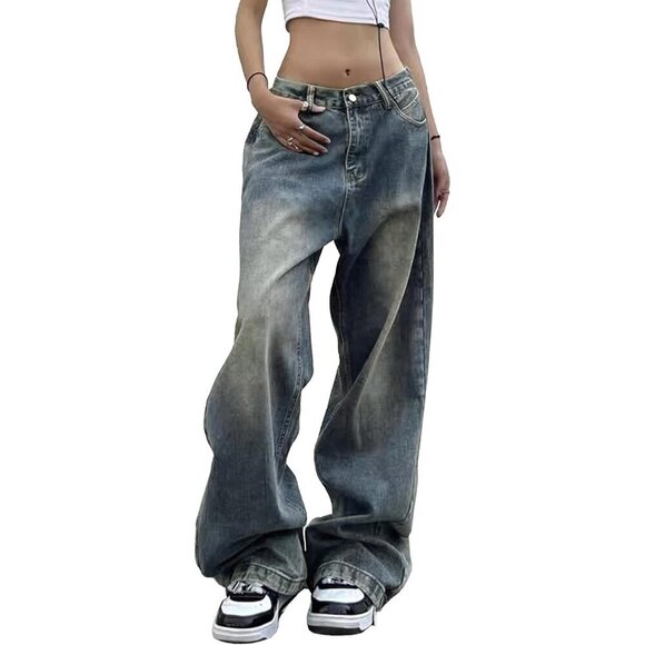 Denim - Women Wide Leg Jeans Mid-Low Waist Baggy Denim Pants Casual Versatile